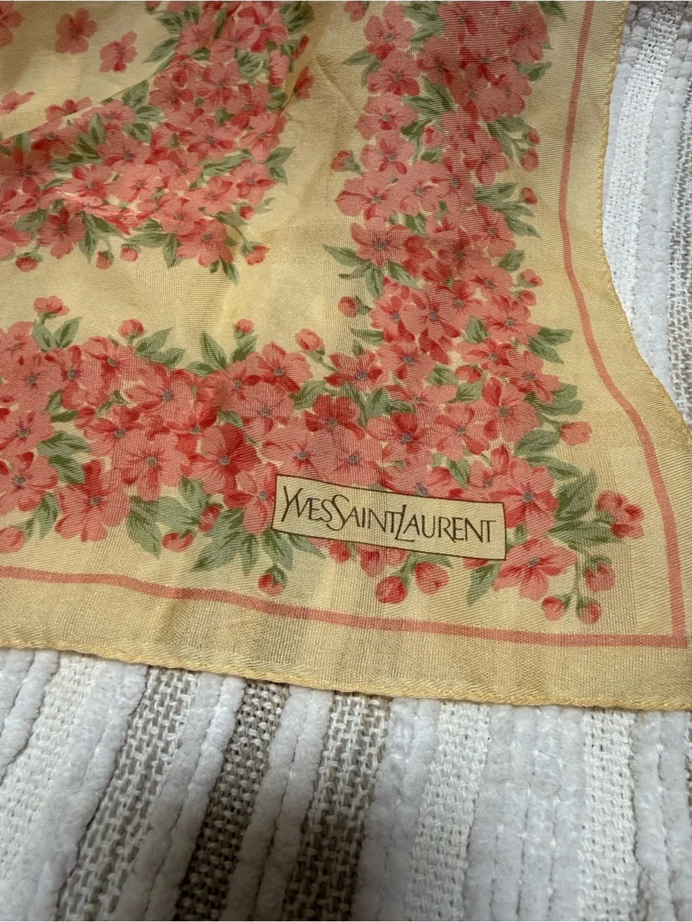 Yves Saint Laurent Yellow Scarf with Coral Floral Border